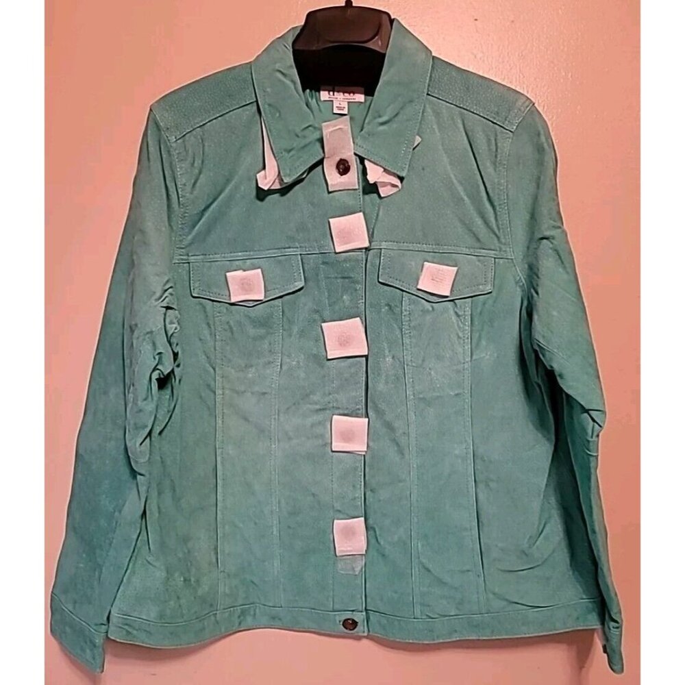 Denim & Company Genuine Leather Suede Jacket 2 Jean Style Flap Pocket Teal Sz L